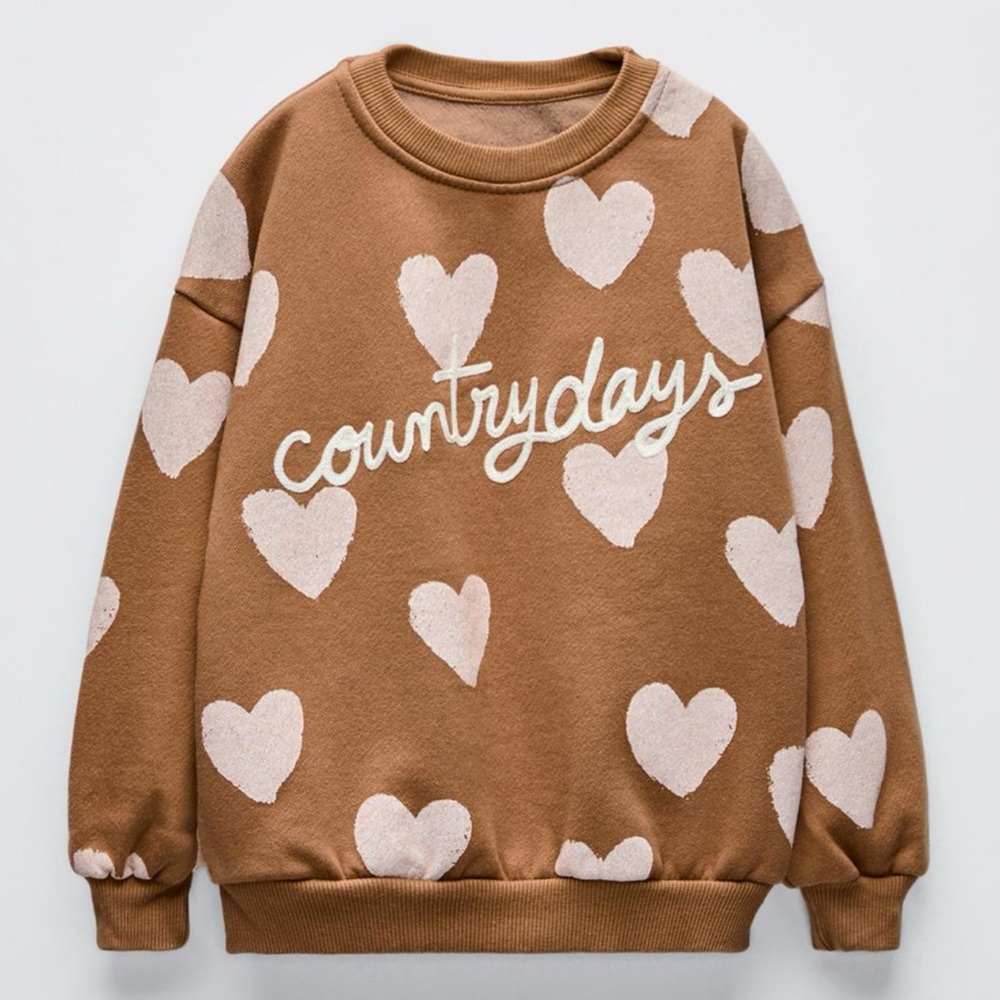 Zara Tan Sweatshirt with Cream Heart Design.NWT.